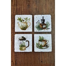 Begoloni Doğal Taş Bardak Altlığı -Kahve & Çay Temalı 10X10CM Stone Coasters