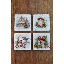 Begoloni Doğal Taş Bardak Altlığı - Christmast Yeni Yıl Baskılı 10X10CM Ai Noel - Stone Coasters 559