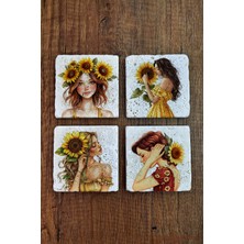 Begoloni Doğal Taş Bardak Altlığı -Ayçiçeği & Kız Temalı Stone Coasters