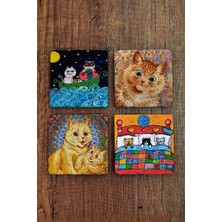 Begoloni Doğal Taş Bardak Altlığı Louis Wain Kediler , Kedi 10X10CM Stone Coasters 4'lü Set