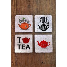 Begoloni Doğal Taş Bardak Altlığı 10X10X1CM 4'lü Set - Çay Temalı Baskılı Stone Coasters