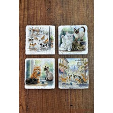 Begoloni Doğal Taş Bardak Altlığı - Sevimli Kediler Baskılı Bardak Altlığı 10X10CM Ai Stone Coasters 586
