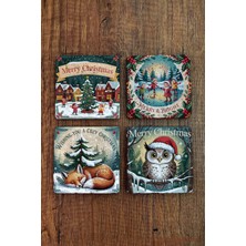 Begoloni Doğal Taş Bardak Altlığı - Vintage Christmast Baskılı 10X10CM Yeni Yıl Stone Coasters 504
