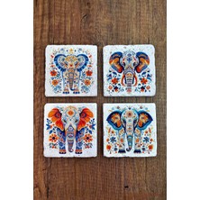 Begoloni Doğal Taş Bardak Altlığı 4'lü Set 10X10X1 cm Renkli Fil Baskılı -Stone Coasters