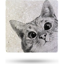 Begoloni Doğaltaş Bardak Altlığı Sevimli Kedi Baskılı 10X10CM %100 Traverten Doğal Taş
