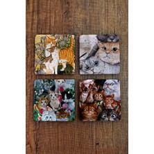 Begoloni Doğal Taş Bardak Altlığı 4'lü Set - Sevimli Kediler Desenli - Stone Coasters