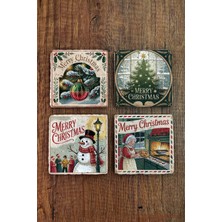Begoloni Doğal Taş Bardak Altlığı - Vintage Christmast Baskılı 10X10CM Yeni Yıl Stone Coasters 513