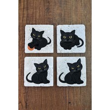 Begoloni Doğal Taş Bardak Altlığı 4'lü Set 10X10X1 cm Sinirli Kedi Desenleri -Stone Coasters