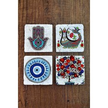 Begoloni Taş Bardak Altlığı Nar Ağacı Şahmeran Nazar Hamsa Baskılı Baskılı 4'lü Set - Stone Coasters