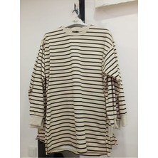 Azbey Ribanalı Çizgili Penye Tunik Kahve