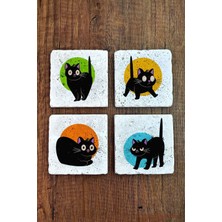 Begoloni Doğal Taş Bardak Altlığı 4'lü Set 10X10X1 cm Şaşkın Kedi Desenleri -Stone Coasters
