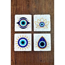 Begoloni Doğal Taş Bardak Altlığı 4'lü Set 10X10X1 cm Nazar Boncuğu Desenli Bardak Altlığı 354
