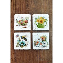 Begoloni Doğal Taş Bardak Altlığı Çiçek Desenler Baskılı 4'lü Set