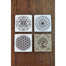 Begoloni Doğal Taş Bardak Altlığı Uv Baskılı 4'lü Set - Hayat Ağacı Yaşam Çiçeği Sri Yantra - Stone Coasters