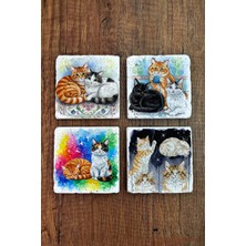 Begoloni Doğal Taş Bardak Altlığı - Sevimli Kediler Baskılı Bardak Altlığı 10X10CM Ai Stone Coasters 589