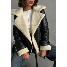 Neşeli Butik Kadın Siyah Deri Içi Kıvırcık Biker Ceket NBG049