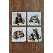 Begoloni Doğal Taş Bardak Altlığı  Sevimli Kediler Temalı 10X10CM- Stone Coasters
