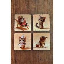 Begoloni Doğal Taş Bardak Altlığı 4'lü Set 10X10X1 cm Sevimli Kedi Desenleri -Stone Coasters
