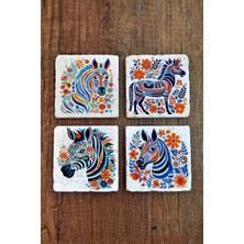 Begoloni Doğal Taş Bardak Altlığı 4'lü Set 10X10X1 cm Renkli Zebra Baskılı -Stone Coasters
