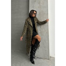 Neşeli Butik Kadın Leopar Desenli Ithal Kaşe Kaban NBG054