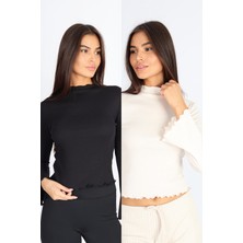 Softandbasic Kadın Bej Balıkçı Yaka Baby Overlok Dikişli 2'li Bluz