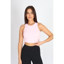 Softandbasic Kadın Pembe Basic Halter Yaka Esnek Biyeli Kaşkorse Kumaş Crop Top Body Atlet
