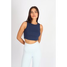 Softandbasic Kadın Indigo Basic Halter Yaka Esnek Biyeli Kaşkorse Kumaş Crop Top Body Atlet