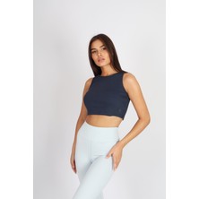 Softandbasic Kadın Lacivert Basic Halter Yaka Esnek Biyeli Kaşkorse Kumaş Crop Top Body Atlet