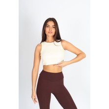 Softandbasic Kadın Bej Basic Halter Yaka Esnek Biyeli Kaşkorse Kumaş Crop Top Body Atlet