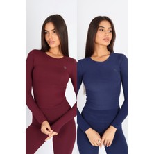 Softandbasic Kadın Uzun Kollu Baskılı Bisiklet Yaka Bordo-Lacivert Body