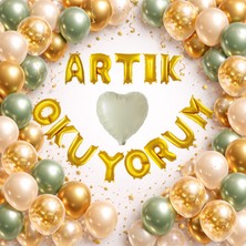 Tedaks Artık Okuyorum Folyo Harf Balon Küf Yeşili Gold Konfetili Okuma Bayramı Temalı Süsleme