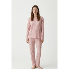 EQru Kalp Desenli Waffle Kumaş Bisiklet Yaka Pudra Kadın Pijama Takımı