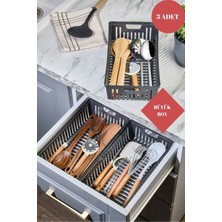 Büyük Boy Antrasit 3'lü Set Modüler Kaşıklık ve Kepçelik Çekmece Içi Düzenleyici Mutfak Organizer