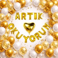 Tedaks Okuma Bayramı Temalı Artık Okuyorum Folyo Harf Balon Beyaz Gold Konfetili Süsleme