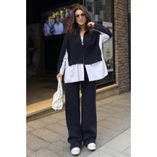 Cockatoo Kadın Gömlek Detaylı Triko Ceket Pantalon  Rahat Kalıp 36/46 Beden Uyumlu Takım