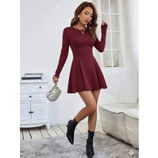 Albaroda Bisiklet Yaka Eteği Dikiş Detaylı Volanlı Uzun Kollu Krep Elbise