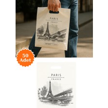 Plas+Plus Güçlendirilmiş El Geçmeli Takviyeli Mağaza Poşeti Elit Fransa Eyfel Baskı No 4 39X48 cm 50 Adet