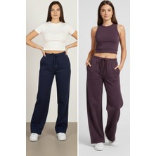 Softandbasic Kadın Modal Boru Paça Salaş Geniş Paça Lacivert-Mürdüm 2'li Eşofman Altı Pantolon
