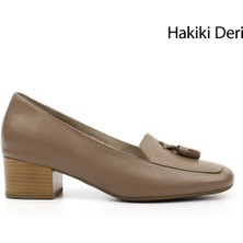 GÖNDERİ Kadın Vizon  Küt Burun Kısa Kalın Topuklu Hakiki Deri Ayakkabı