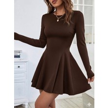 Albaroda Bisiklet Yaka Eteği Dikiş Detaylı Volanlı Uzun Kollu Krep Elbise