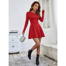 Albaroda Bisiklet Yaka Eteği Dikiş Detaylı Volanlı Uzun Kollu Krep Elbise