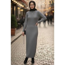 Tesettür Diyarı Yarım Fermuarlı Triko Oversize Elbise- Gri Standart (36-42 Uyumlu)