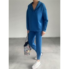 byasafkids Kadın Uzun Kol V Yaka Kapüşon Detay Sweat ve Yüksel Bel Eşofman Ikili Takım