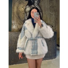 Miss Swans Aris  Inci Boncuk Işlemeli Kemerli  ithal Kürk-Beyaz Mavi