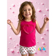 Kız Çocuk 2li Takım Kalp Nakışlı Fuşya Kolsuz Tişört Şortlu Takım