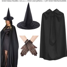 Erseyy 120 cm Siyah Yakalı Cadı Pelerini Cadı Şapkası ve 1 Çift Siyah Kısa File Tüm Eldiven Seti 3 Parça