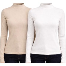 Hayalet 2'li Paket Yumuşak Dokulu Pamuk Dokuma Uzun Kol Dik Yaka Parmak Geçmeli Body Modal T-Shirt