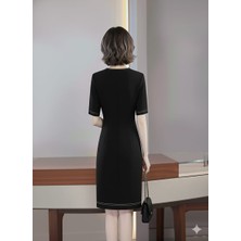 Nake Butik Kadın  V Yaka Kısa Kollu Diz Boyu Elbise