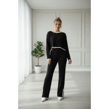 Newco Kadın Paça Detaylı Fitilli Triko Alt Üst Takım Crop Kazak Pantolon