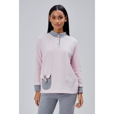 Moon Cover Mooncover Kadın Cep Detaylı Yarım Pat Düğmeli Kışlık Pijama Takımı – Pembe & Gri